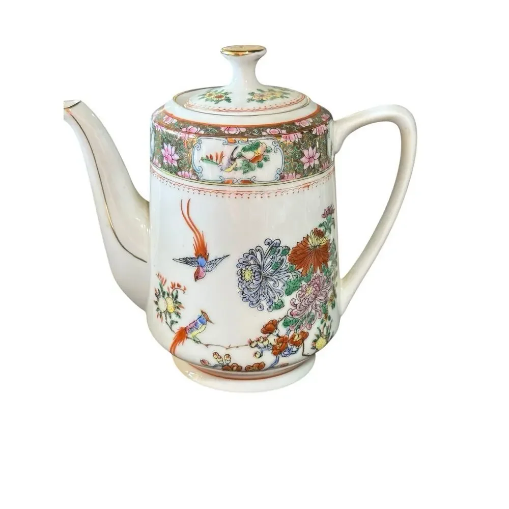 Vintage Chinese Porcelain Painting Tea Set, Hand Painted Birds & Flowers,